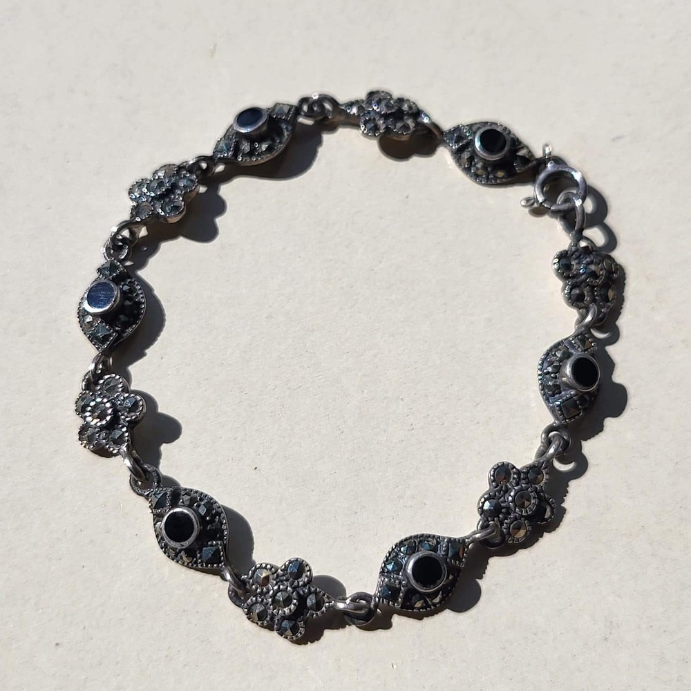 Vintage 925 Sterling Silver Black Onyx Marcasite Panel Link Bracelet Art Deco - Picture 9 of 10